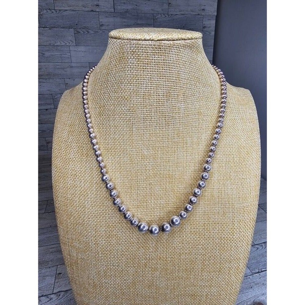 Vintage Sterling Silver Stamped 925 Graduated Bead Necklace 20"L Lobster Clasp